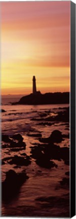 Framed Silhouette of a lighthouse at sunset, Pigeon Point Lighthouse, San Mateo County, California Print