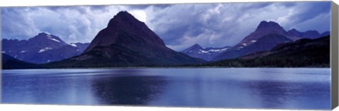 Framed Reflection of mountains in a lake, Swiftcurrent Lake, Many Glacier, US Glacier National Park, Montana (Blue) Print