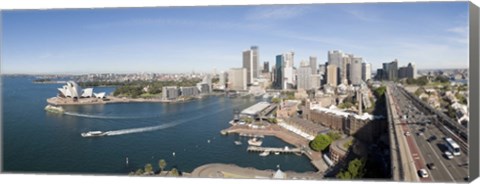 Framed High angle view of a city, Sydney Opera House, Circular Quay, Sydney Harbor, Sydney, New South Wales, Australia Print