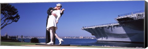 Framed Kiss between sailor and nurse sculpture, Unconditional Surrender, San Diego Aircraft Carrier Museum, San Diego, California, USA Print