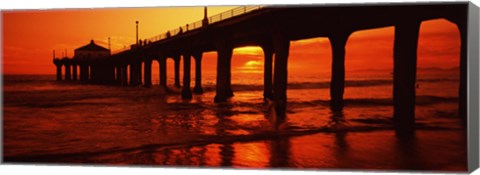 Framed Silhouette of a pier at sunset, Manhattan Beach Pier, Manhattan Beach, Los Angeles County, California, USA Print