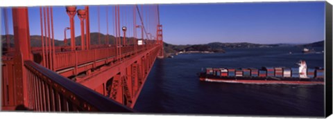 Framed Container ship passing under a suspension bridge, Golden Gate Bridge, San Francisco Bay, San Francisco, California, USA Print