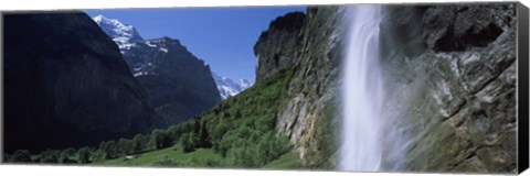 Framed Waterfall in a forest, Staubbach Falls, Mt Jungfrau, Lauterbrunnen Valley, Bernese Oberland, Berne Canton, Switzerland Print