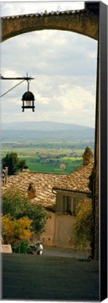 Framed Umbrian countryside viewed through an alleyway, Assisi, Perugia Province, Umbria, Italy Print