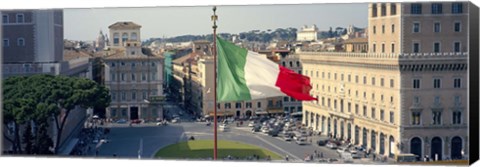 Framed Italian flag fluttering with city in the background, Piazza Venezia, Vittorio Emmanuel II Monument, Rome, Italy Print