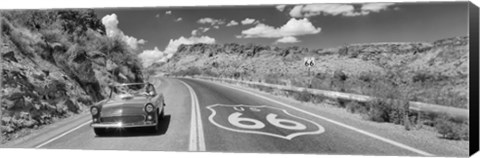 Framed Vintage car moving on Route 66 in black and white, Arizona Print