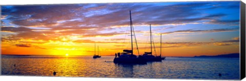 Framed Silhouette of sailboats in the ocean at sunset, Tahiti, Society Islands, French Polynesia Print