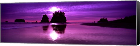 Framed Silhouette of sea stacks at sunset, Second Beach, Washington State Print