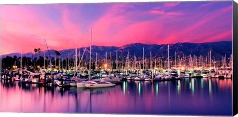 Framed Boats moored in harbor at sunset, Santa Barbara Harbor, Santa Barbara County, California, USA Print