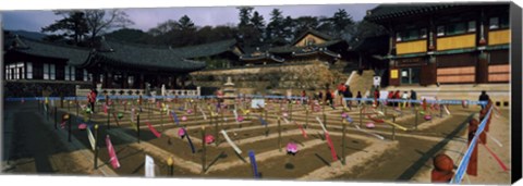 Framed Tourists at a temple, Haeinsa Temple, Kayasan Mountains, Gyeongsang Province, South Korea Print