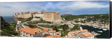 Framed Castle on a hill, Bonifacio Harbour, Corsica, France Print