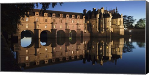 Framed Reflection of a castle in a river, Chateau De Chenonceau, Indre-Et-Loire, Loire Valley, Loire River, Region Centre, France Print