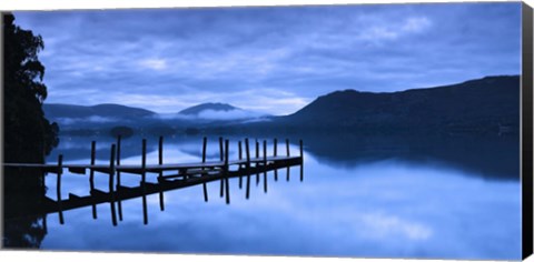 Framed Reflection of jetty in a lake, Derwent Water, Keswick, English Lake District, Cumbria, England Print