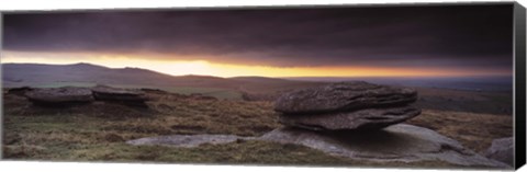 Framed Bright horizon with dark clouds from Higher Tor, Dartmoor, Devon, England Print