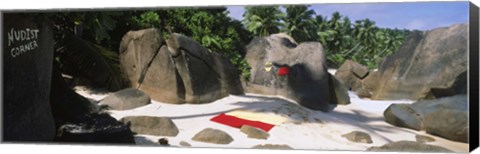 Framed Nudist corner written on a rock on the beach, Mahe Island, Seychelles Print