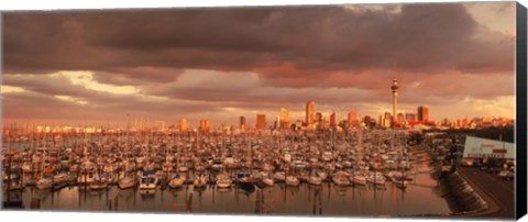 Framed Yachts at Waitemata Harbor on a cloudy day, Sky Tower, Auckland, North Island, New Zealand Print