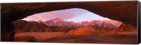 Framed Rock formations with mountains in the background, Mt Whitney, Lone Pine Peak, California, USA Print