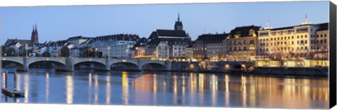 Framed Bridge across a river with a cathedral, Mittlere Rheinbrucke, St. Martin&#39;s Church, River Rhine, Basel, Switzerland Print