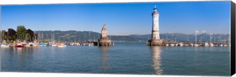 Framed Entrance of the harbor with the Bavarian lion and the lighthouse, Lindau, Lake Constance, Bavaria, Germany Print