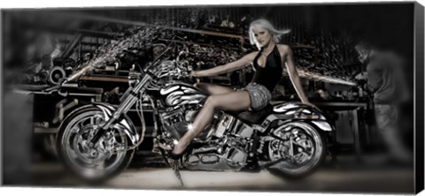 Framed Female model with a motorcycle in a workshop Print
