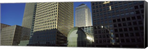 Framed Low angle view of towers, Canary Wharf Tower, South Quay, Isle of Dogs, London, England Print