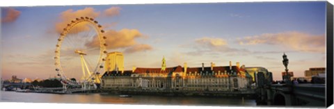 Framed Ferris wheel with buildings at waterfront, Millennium Wheel, London County Hall, Thames River, South Bank, London, England Print