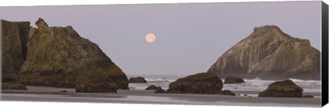 Framed Sea stacks and setting moon at dawn, Bandon Beach, Oregon, USA Print