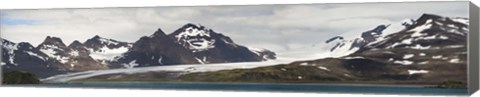 Framed Bay in front of snow covered mountains, Grace Glacier, Salisbury Plain, Bay of Isles, South Georgia Island Print