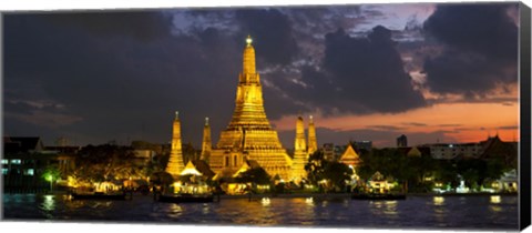 Framed Buddhist temple lit up at dawn, Wat Arun, Chao Phraya River, Bangkok, Thailand Print