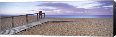 Framed Boardwalk on the beach at dawn, Chesil Beach, Jurassic Coast, Dorset, England Print