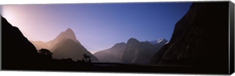 Framed Mountain range at water&#39;s edge, Milford Sound, Fiordland National Park, South Island, New Zealand Print