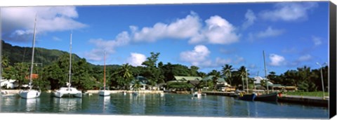 Framed Yachts and small fishing boats at the harbor on La Digue Island, Seychelles Print