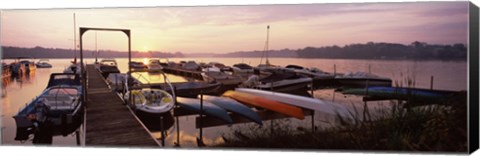 Framed Boats in a lake at sunset, Lake Champlain, Vermont, USA Print