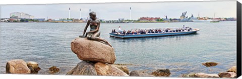 Framed Little Mermaid Statue with tourboat in a canal, Copenhagen, Denmark Print