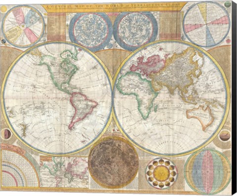 Framed 1794 Samuel Dunn Wall Map of the World in Hemispheres Print