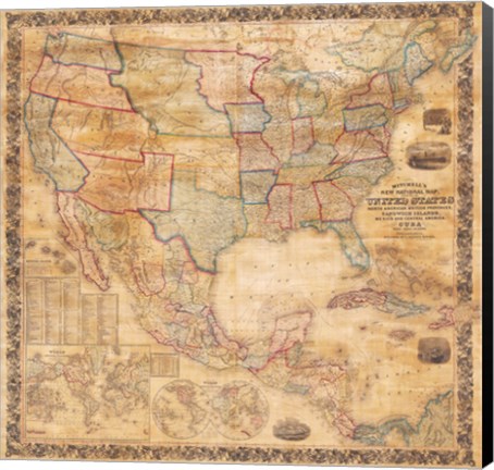 Framed 1856 Mitchell Wall Map of the United States and North America Print