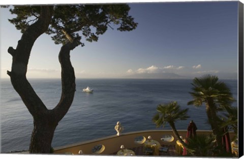 Framed Empty dining tables in the balcony of a hotel, Imperial Tramontano Hotel, Sorrento, Campania, Italy Print