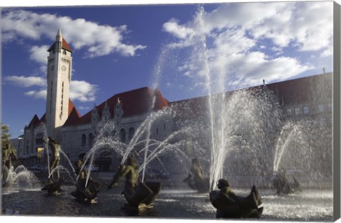 Framed Fountains in front of a railroad station, Milles Fountain, Union Station, St. Louis, Missouri, USA Print