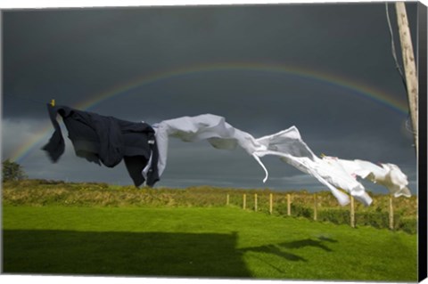 Framed Rainbow, Stormy Sky and Clothes Line, Bunmahon, County Waterford, Ireland Print