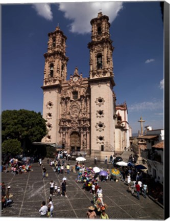 Framed Group of people in front of a cathedral, Santa Prisca Cathedral, Plaza Borda, Taxco, Guerrero, Mexico Print