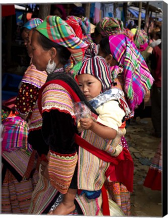 Framed Flower Hmong woman carrying baby on her back, Bac Ha Sunday Market, Lao Cai Province, Vietnam Print