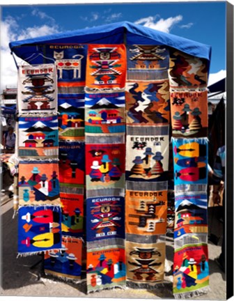 Framed Pillow covers for sale at a handicraft market, Otavalo, Imbabura Province, Ecuador Print