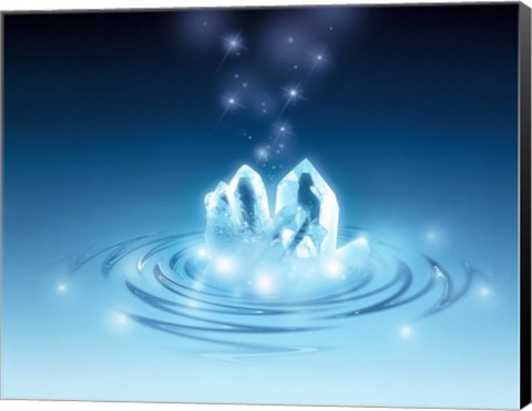 Framed Clear faceted quartz and stars rising from water ripples Print