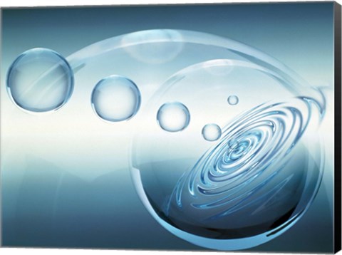 Framed Clear bubbles in descending size rising from water ripples surrounded by clear bubble Print