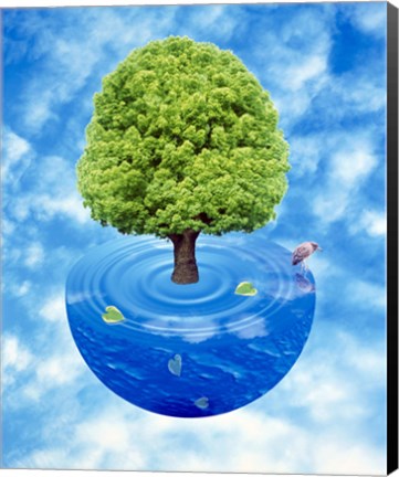 Framed Lush green tree growing from half sphere of blue water and ripples floating in cloudy blue sky Print