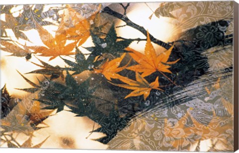 Framed Collage of green and pale orange leaves, white paper flower and abstract rocks Print