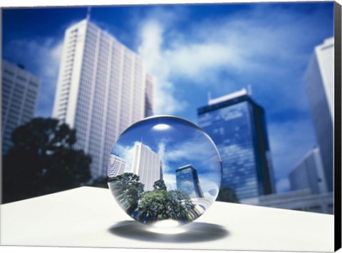 Framed Close up of clear globe with white sky line in center duplicated background Print