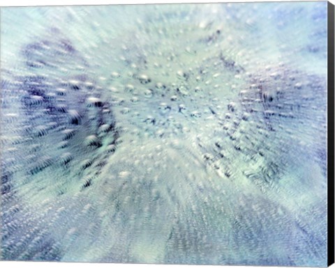 Framed Close up of water droplets on pale blue glass Print