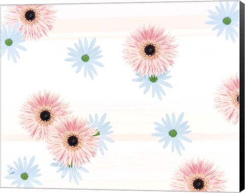 Framed Pink and blue daisies on pink blue and white fabric Print