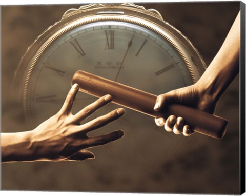 Framed Close up of two runners hands passing the baton in relay race in front of old European clock face Print